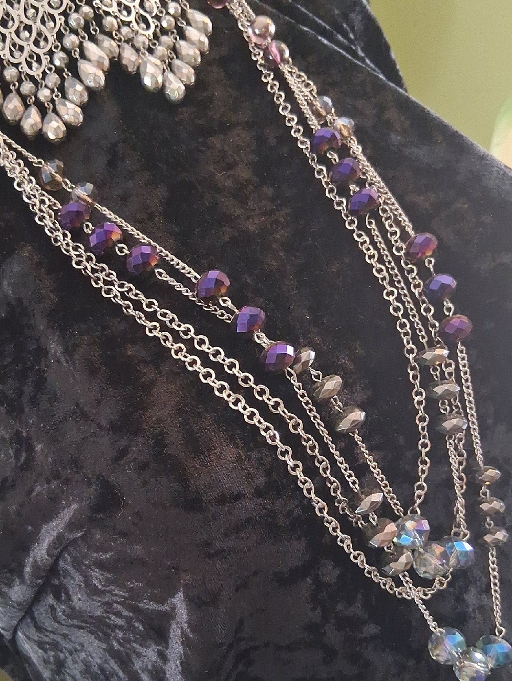 Multi-Strand Purple Crystal & Silver Chain Necklace Layered & Earrings.
